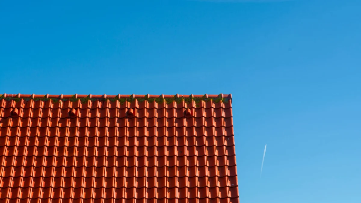 Minimalistische foto van een rood pannendak dat contrasteert met een heldere blauwe lucht.