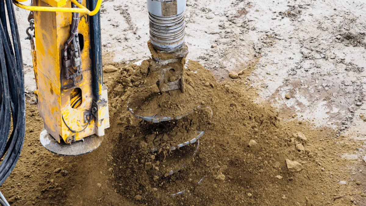 Een close-up van een krachtige boormachine die op de grond werkt op een bouwplaats.