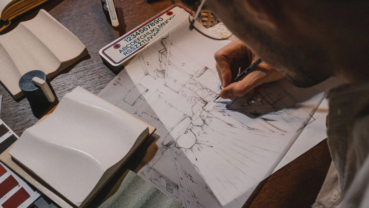 Een man die architectonische ontwerpen aan het schetsen is aan een bureau met tekenmaterialen.