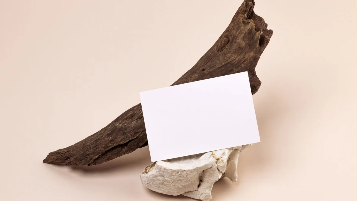 Lege visitekaartje tentoongesteld op drijfhout en steen, perfect voor mock-ups en minimalistische ontwerpen.