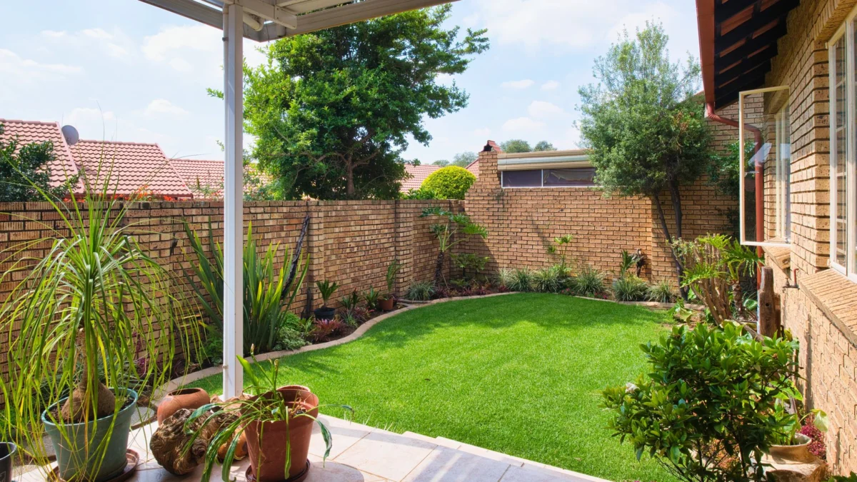 Verken een zonnige achtertuin met bakstenen muren in Pretoria, Zuid-Afrika, met weelderig groen en bloempotten.