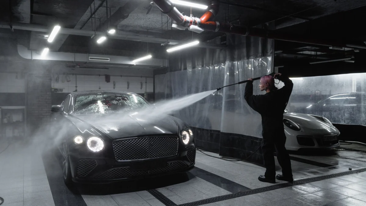 Een persoon wast een zwarte luxe auto in een slecht verlichte garage met een hogedrukspuit.