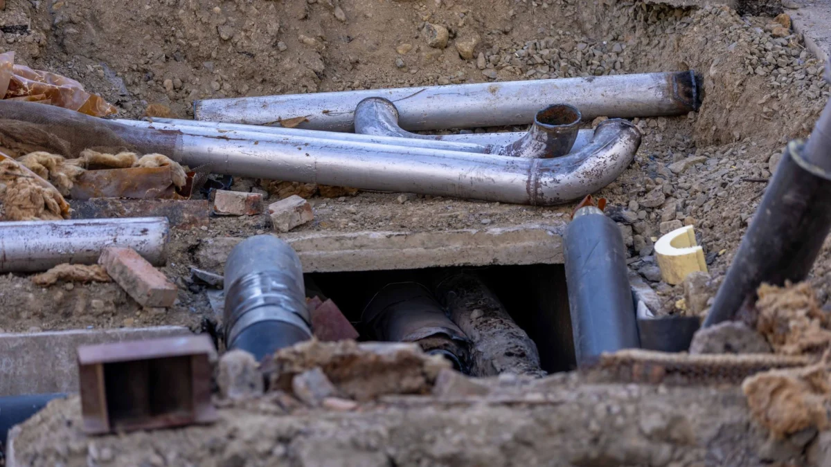 Close-up van de aanleg van stedelijke leidingen op een bouwplaats, met verschillende leidingen en materialen.